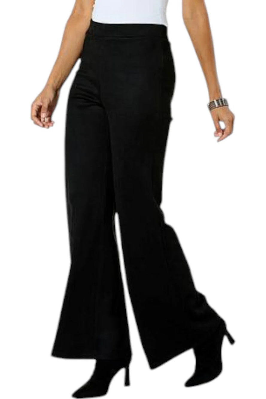 WynneCollection Women's Faux Suede Flare-Leg Pant Black - Regular